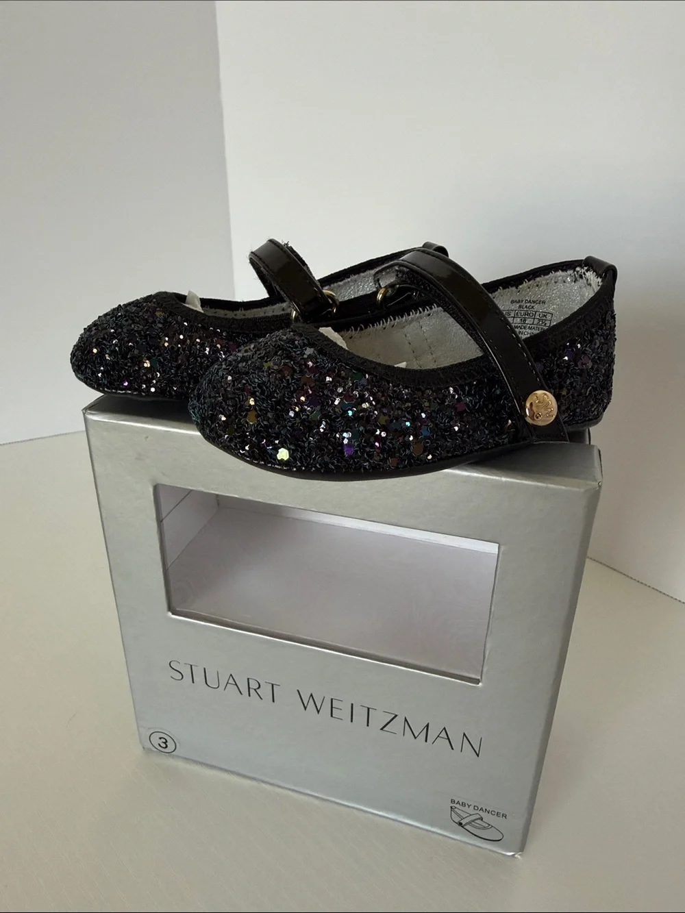 Stuart Weitzman Baby Dancer NEW! Black Sparkle Mary Jane with Gold Accent size 3